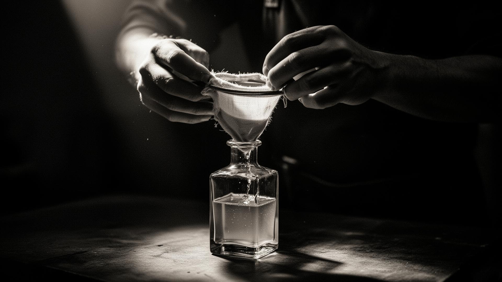 A craftsman filters clarified cocktail into a square glass bottle