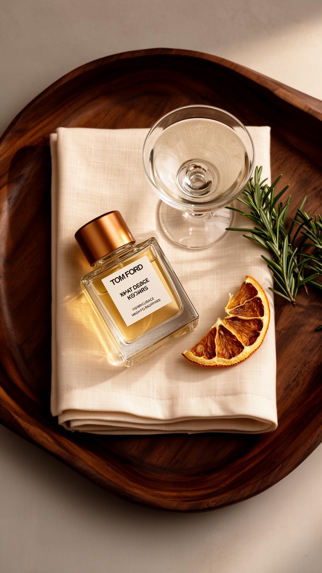 Overhead arrangement of a square cocktail bottle, coupe, citrus and rosemary on a walnut tray