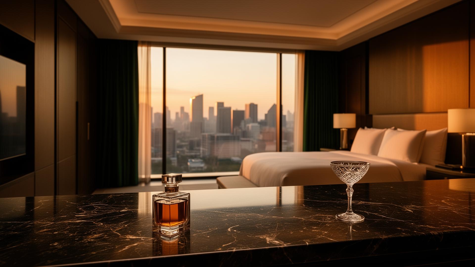 A square cocktail bottle on a dark marble bar in a luxury suite at dusk